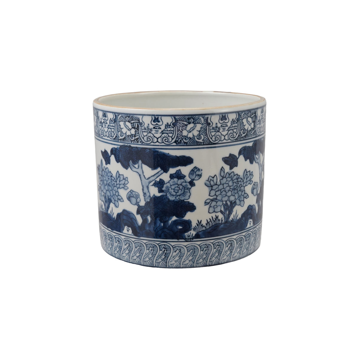 Cylindrical white stoneware planter with blue botanical scenes and patterned borders.
