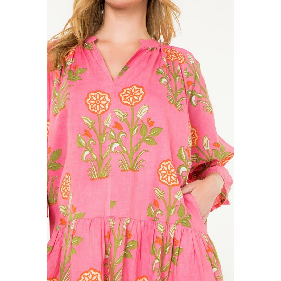 Hazel woven cotton short sleeve dress with floral print in a relaxed A-line silhouette.