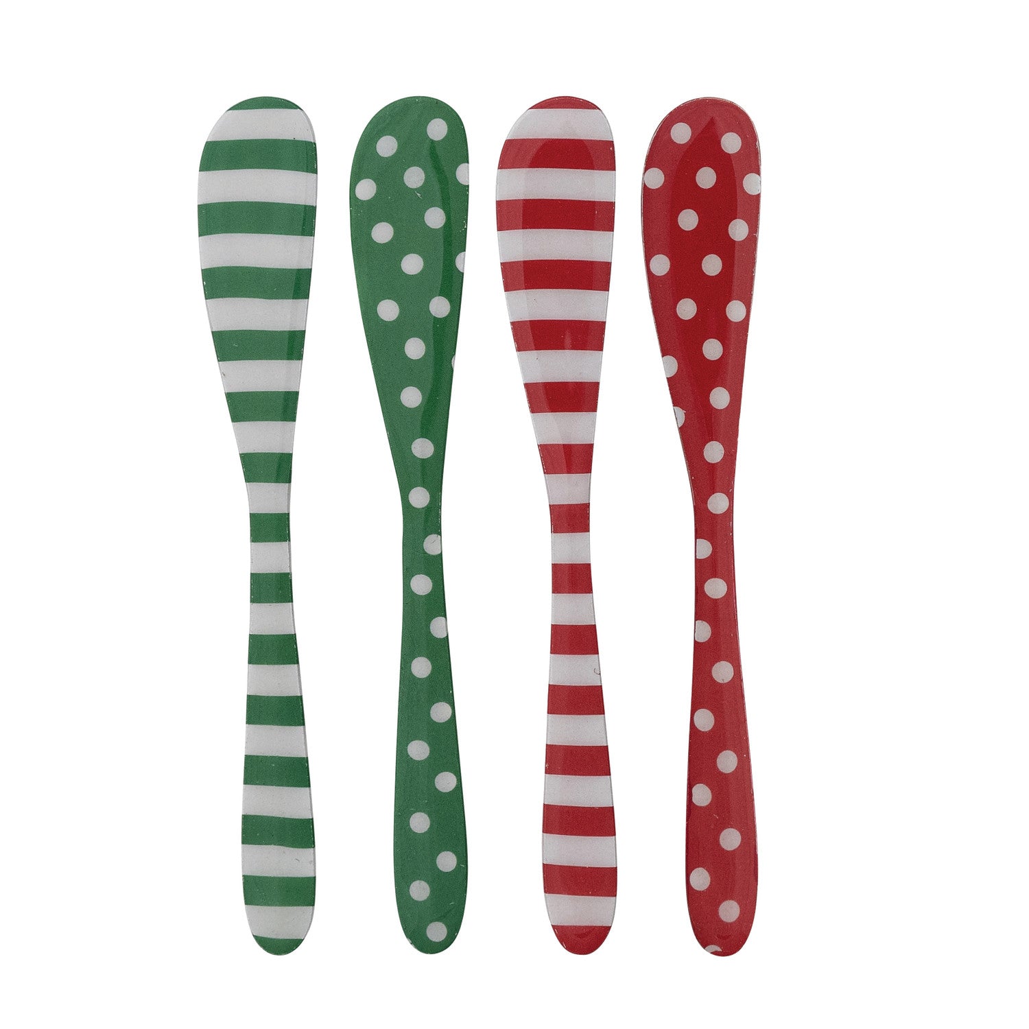 Four enameled stainless steel canape knives in red and green with stripe and polka dot patterns.