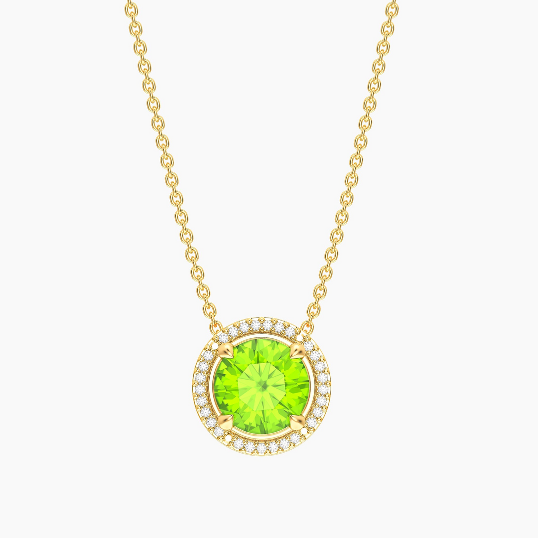 Gold-plated birthstone pendant necklace with a round green center stone and a diamond halo.