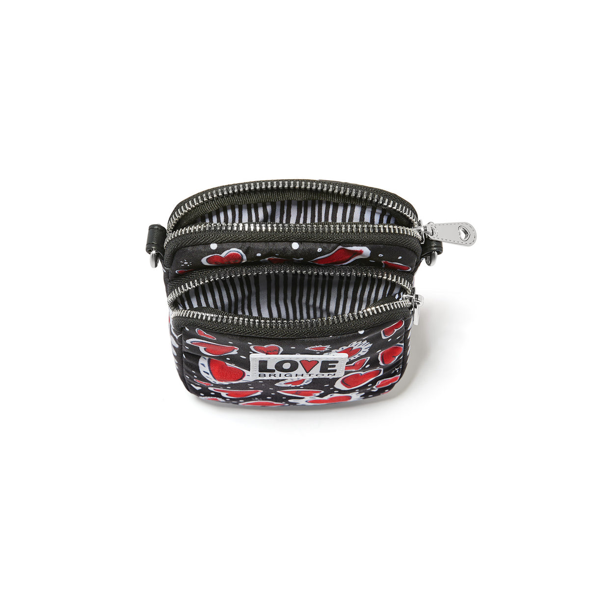 Top view of an open Hearts A Flutter Utility Bag showing two zippered compartments and striped lining