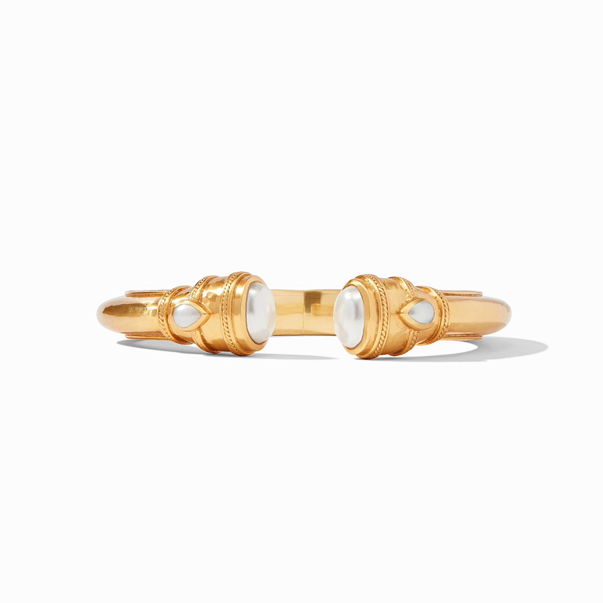 Cannes Demi Cuff in 24K gold plate with shell pearl and mother of pearl gemstone endcaps.
