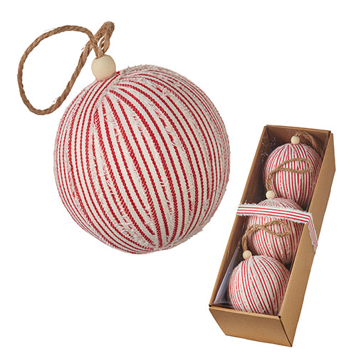 Four-inch round foam ornament with ticking stripe polyester fabric in red and white.
