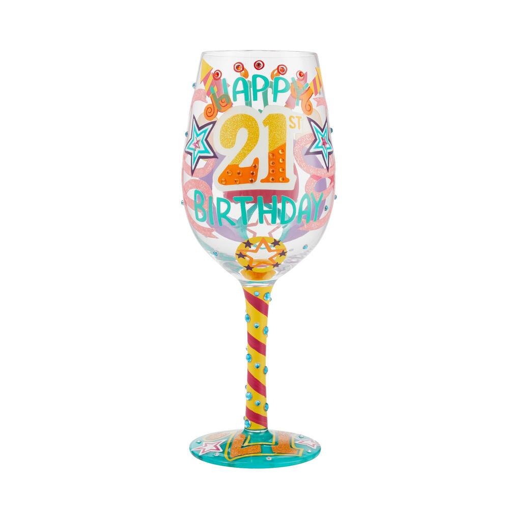 Lolita wine glass with hand-painted floral designs, glitter accents on blown glass base.