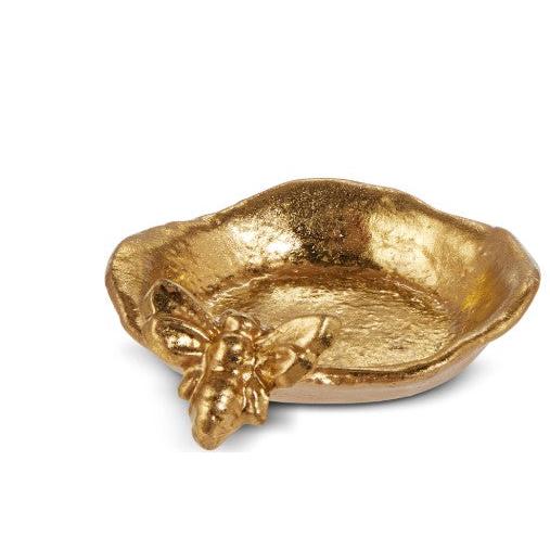 Gold-colored iron trinket tray featuring a bee and bird pattern with decorative silhouette.