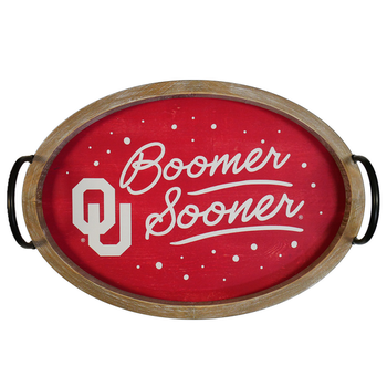 Rustic oval wooden tray with handles featuring Oklahoma Spirit branding