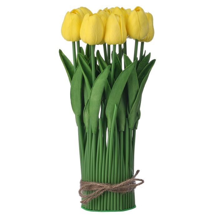 Twelve-inch Eva tulip centerpiece with leaves in bright sunny yellow