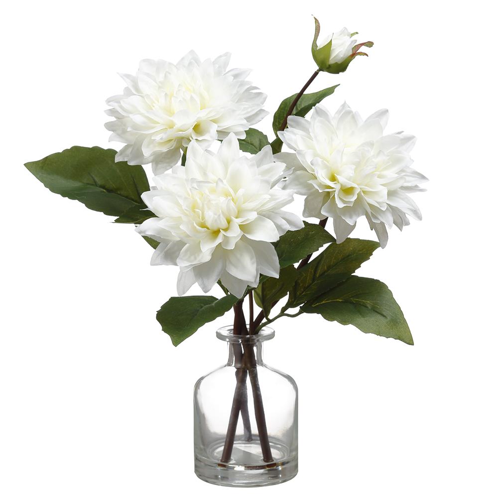 White Dahlia artificial flower in a clear glass vase with wire support
