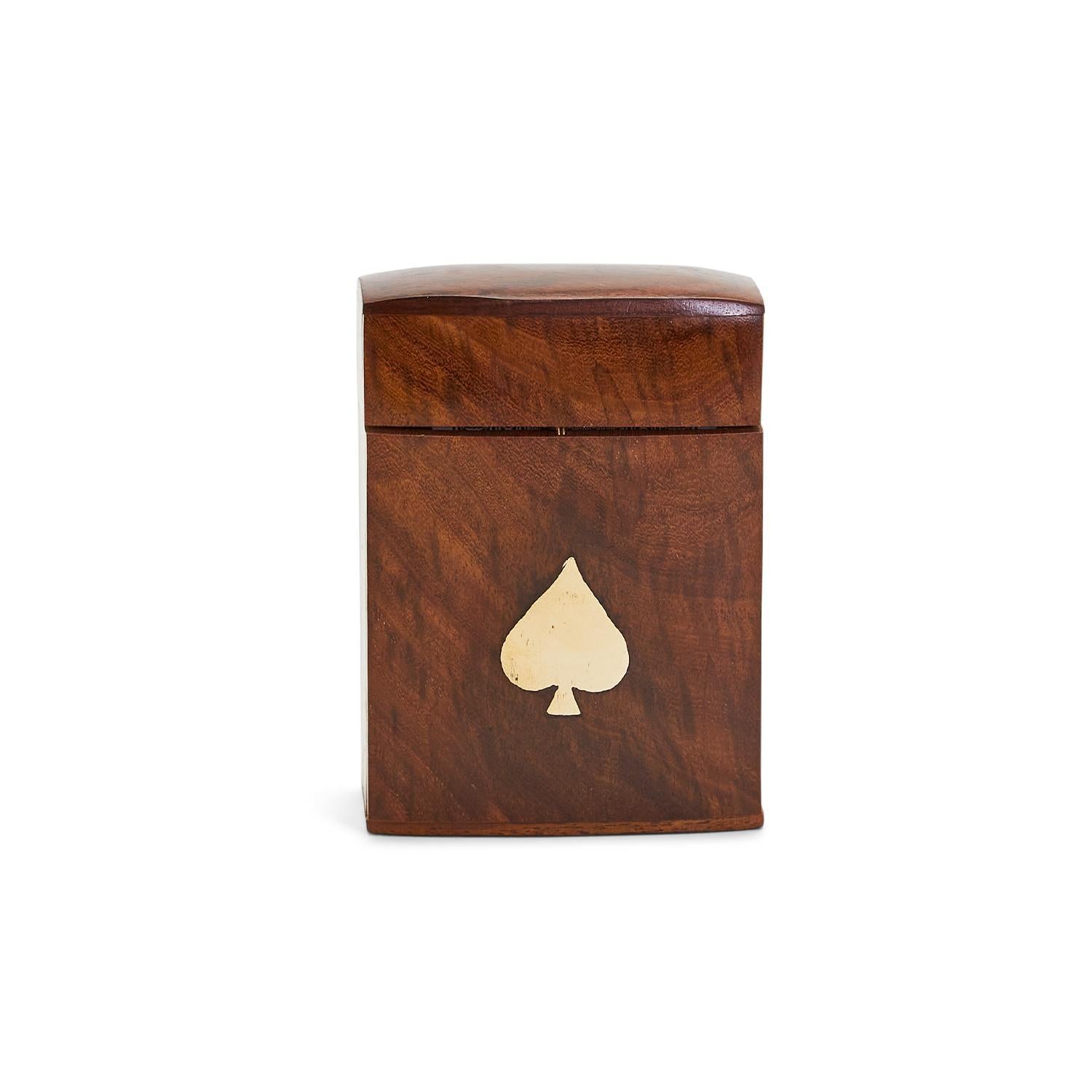 Hand-crafted wooden playing card box with brass inlay accents