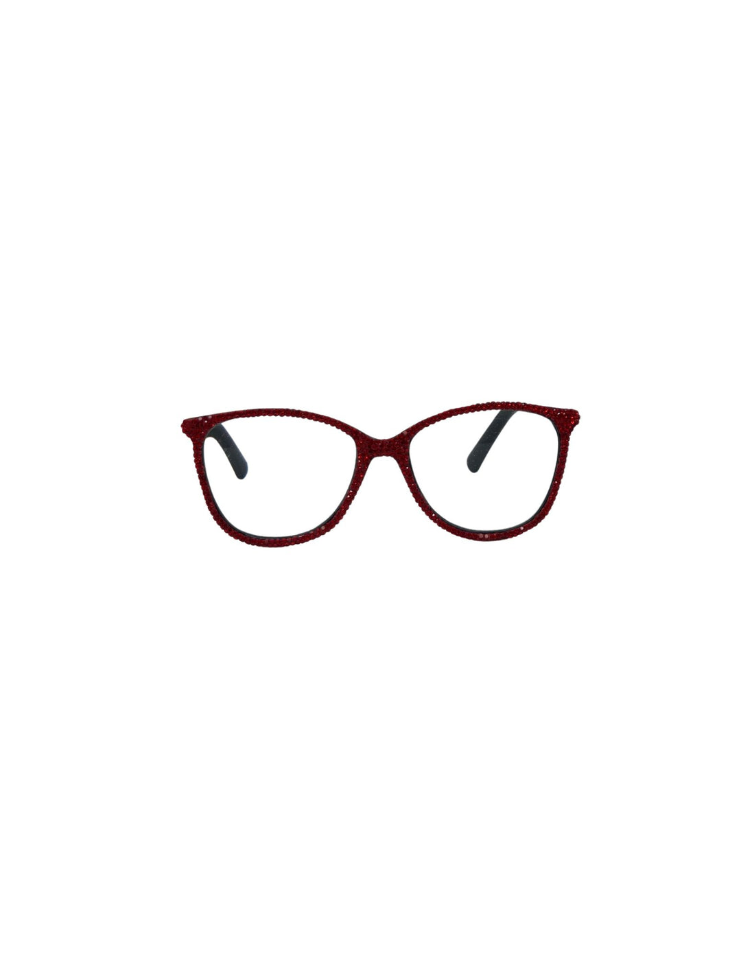 Red cat-eye reading glasses with sparkling rhinestone embellishments on the frames.