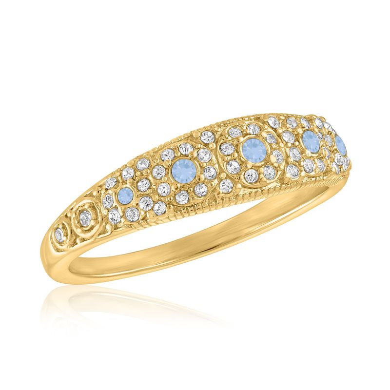 Vintage detailed gold ring featuring light blue and clear cubic zirconia in a pavé setting.