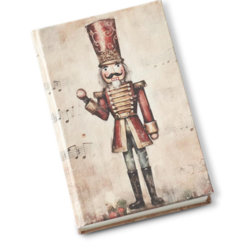 6 inch hard cover Christmas journal featuring a vintage nutcracker illustration and musical notes.