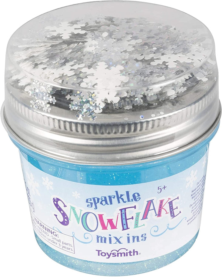 Toysmith Sparkle Snowflake Mix Ins kit with blue slime and snowflake confetti in a clear jar.