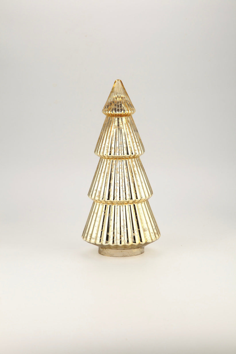 Mercury glass Christmas tree with a reflective silver finish and classic conical silhouette.