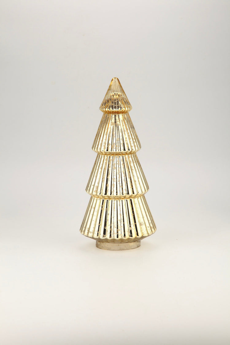 Mercury glass Christmas tree with a reflective silver finish and classic conical silhouette.