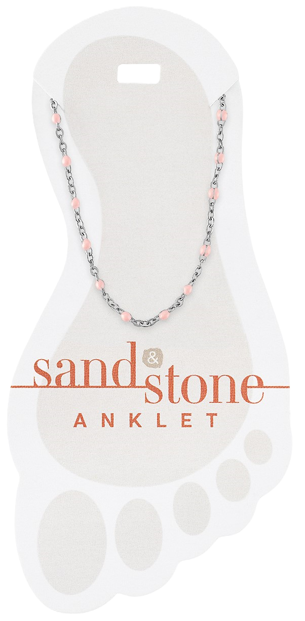 Silver petite pink beaded chain anklet with stone accents on a sand-colored background