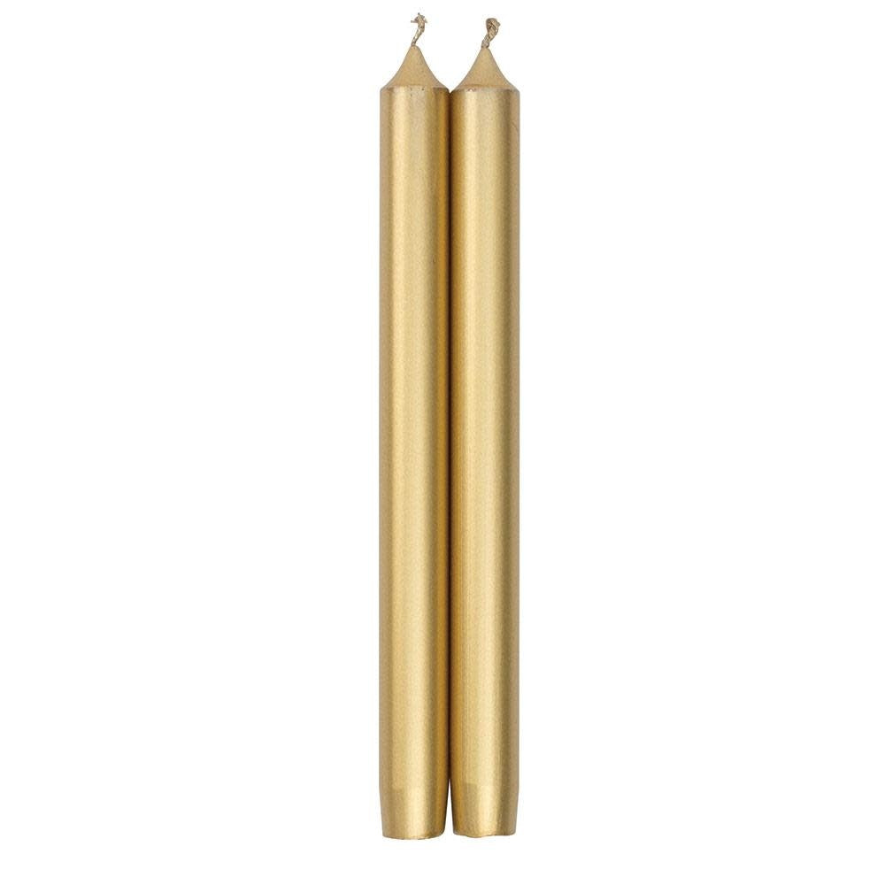 Pair of straight taper crown candles with tapered bottoms in a cellophane pack.