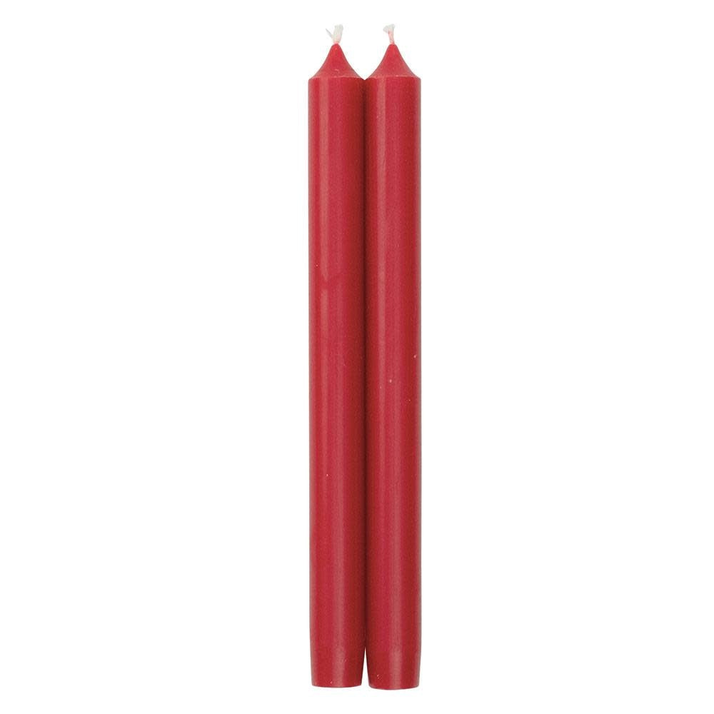 Pair of straight taper crown candles with tapered bottoms in a clear cellophane pack.