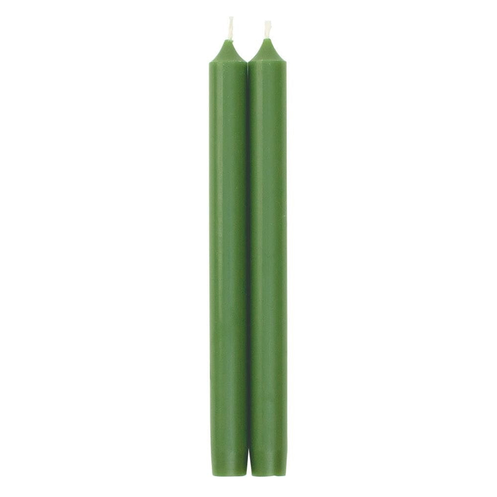 A pair of 10-inch leaf green taper candles with a smooth finish and pointed tips.