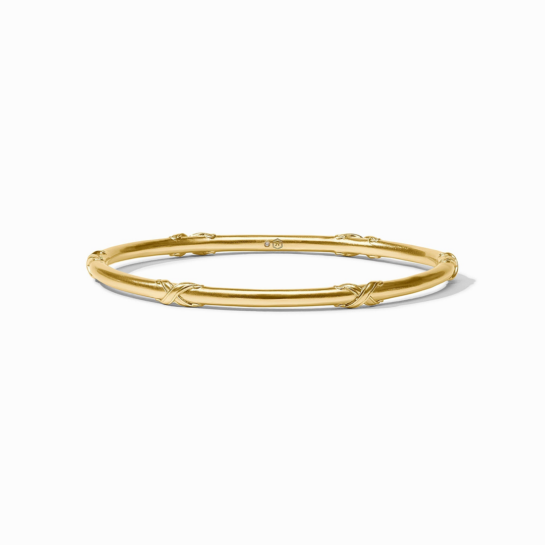 Essex Bangle in 24K gold plate with a smooth finish and decorative cross-hatched accents.