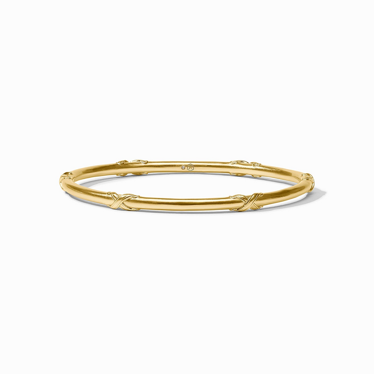 Essex Bangle in 24K gold plate with a smooth finish and decorative cross-hatched accents.