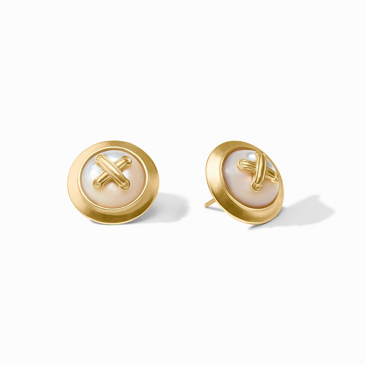 Essex Stud earrings in 24K gold plate featuring a round pearl center with a gold X overlay.
