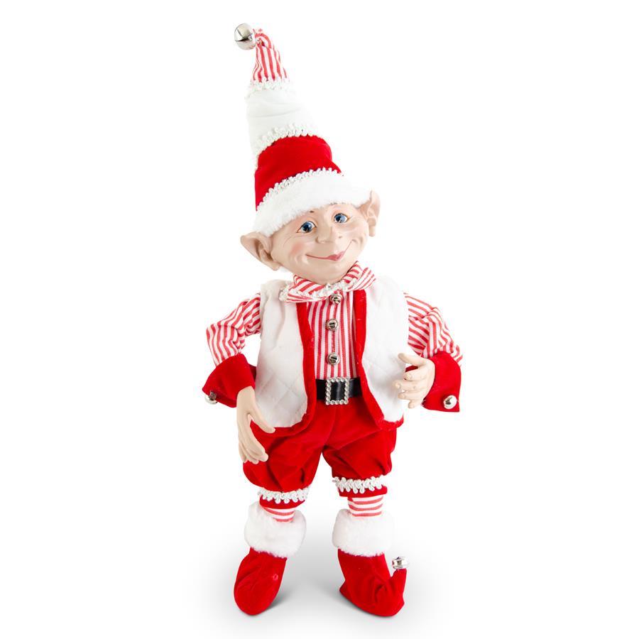 30 inch posable elf doll wearing a red velvet suit with white trim, striped sleeves, and bells.