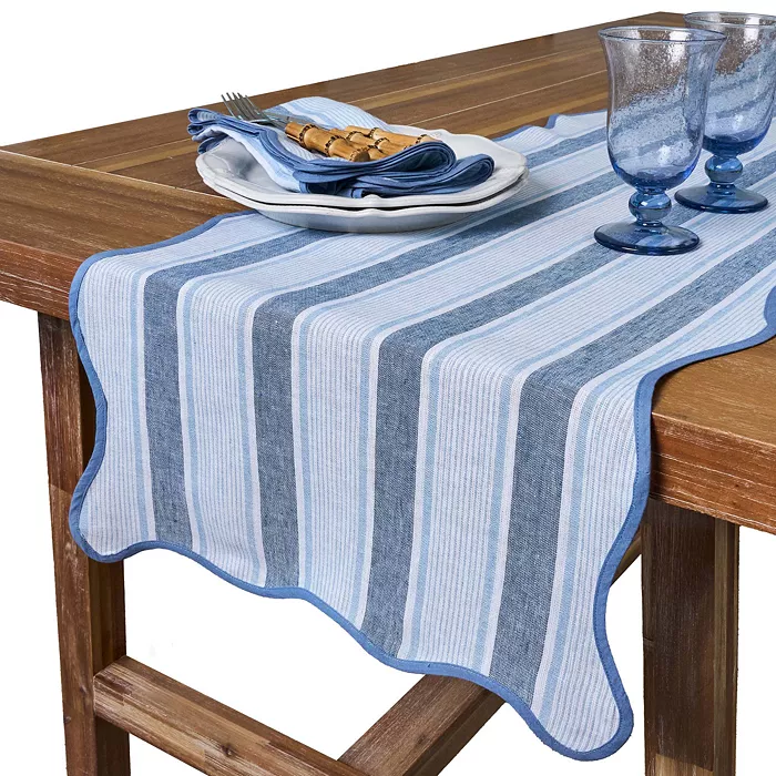 Ocean blue Cabana Stripe table runner with scalloped trim in cotton linen blend