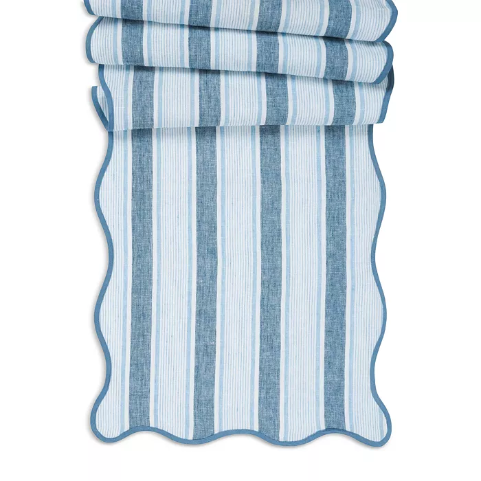 Ocean blue Cabana Stripe table runner with scalloped trim in cotton linen blend