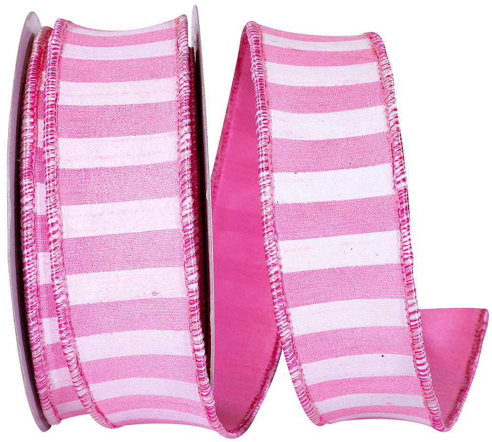 Horizontal cabana stripe wired dupioni ribbon in polyester with a shaped edge