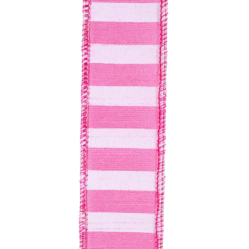 One-and-a-half-inch horizontal cabana stripe dupioni wired edge ribbon in polyester.