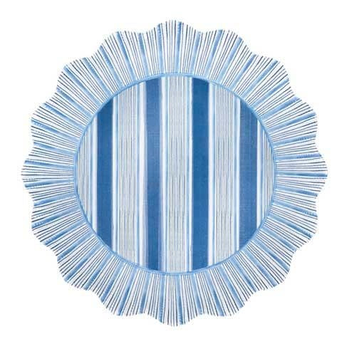 Blue melamine dinner plate with cabana stripe pattern and radiant ruffle trim