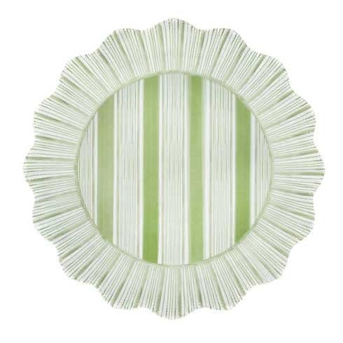 Green melamine dinner plate with cabana stripe pattern and radiant ruffle trim