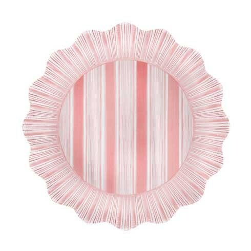Red melamine dinner plate with cabana stripe pattern and radiant ruffle trim