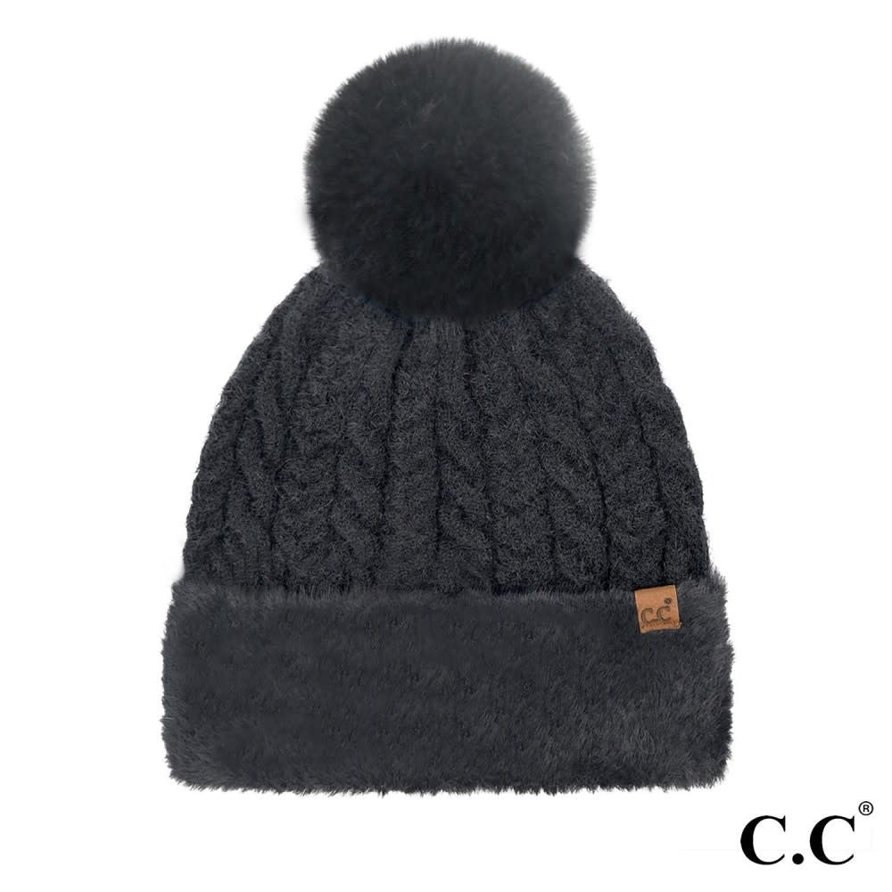 Black cable knit beanie with faux fur cuff and pom detail