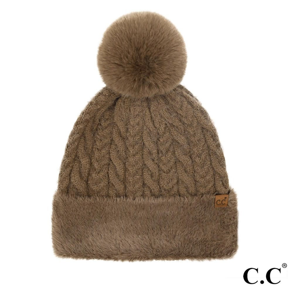 Mocha cable knit beanie with faux fur cuff and pom top