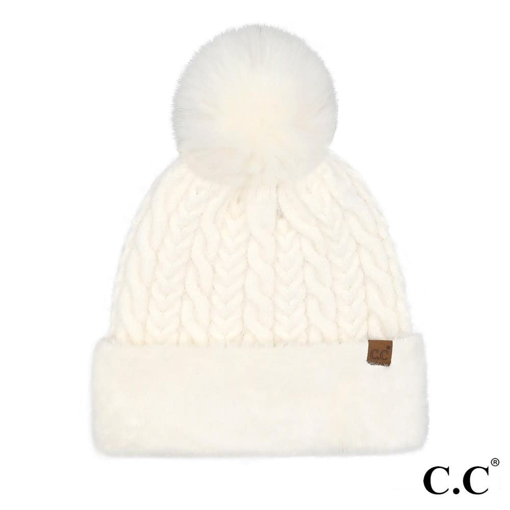 White cable knit beanie with faux fur cuff and pom top