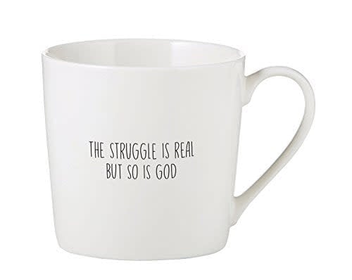 Bone China cafe mug with a realistic coffee spill graphic on white ceramic.