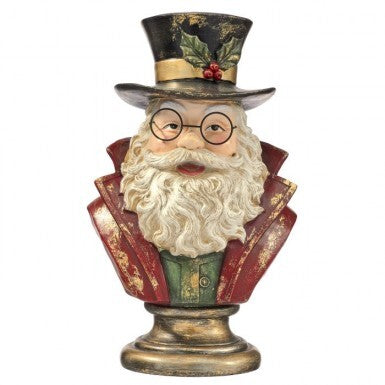 12.5-inch resin Santa Claus bust on a gold pedestal wearing a top hat and glasses.