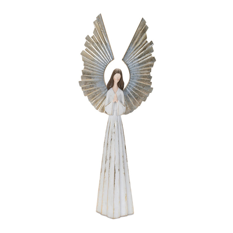 Angel figurine with white dress and metallic wings, hands clasped in prayer.
