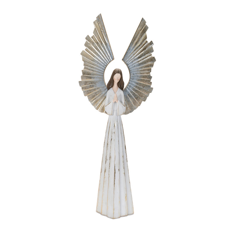 Angel figurine with white dress and metallic wings, hands clasped in prayer.