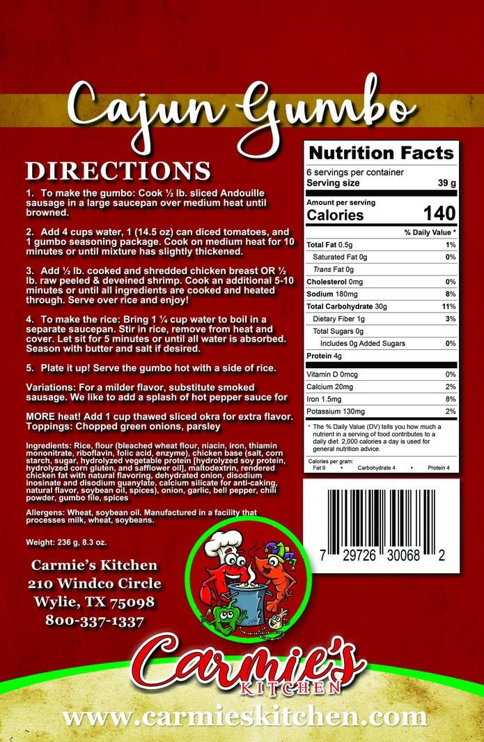 Red bag of Cajun Gumbo Soup Mix with visible seasoning ingredients