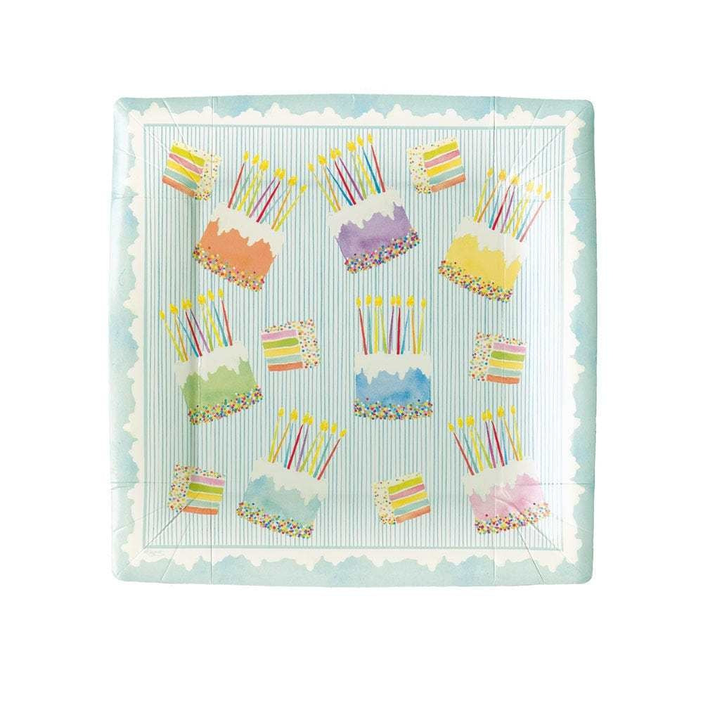 Square paper plates with a cake frosting texture finish in white.