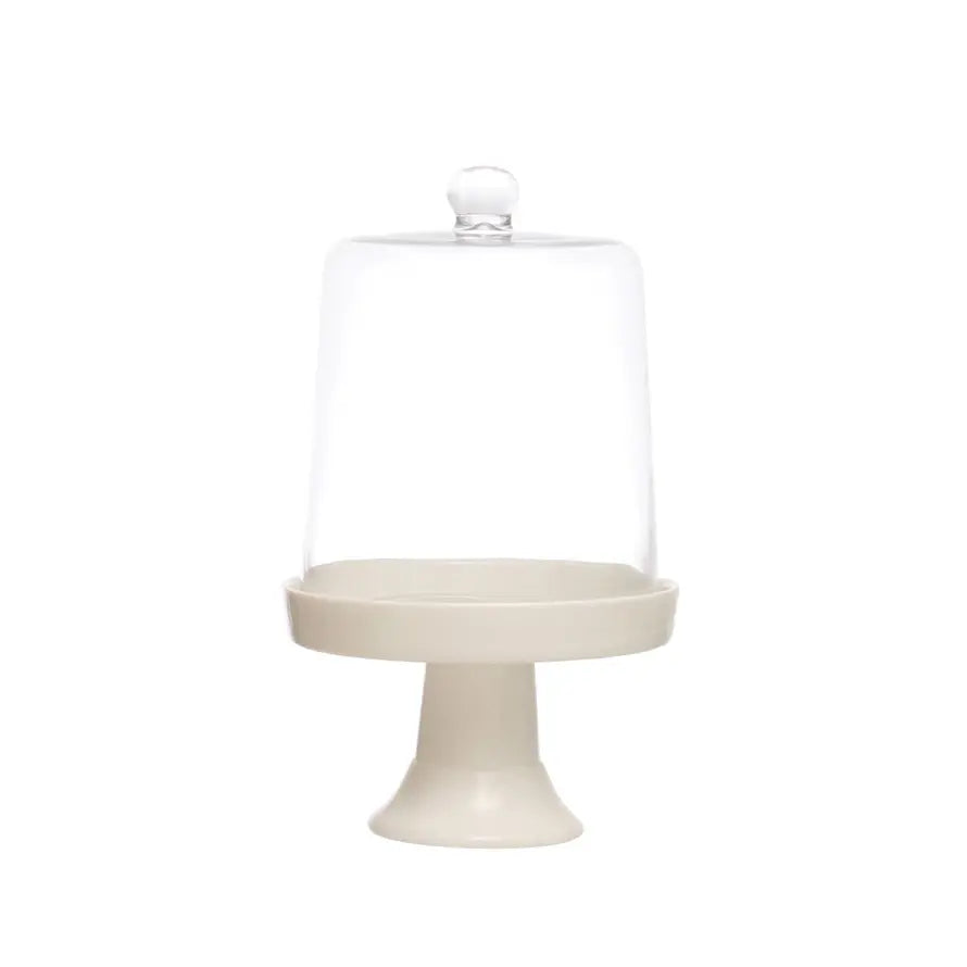 Glass cake stand with clear cloche dome on pedestal base