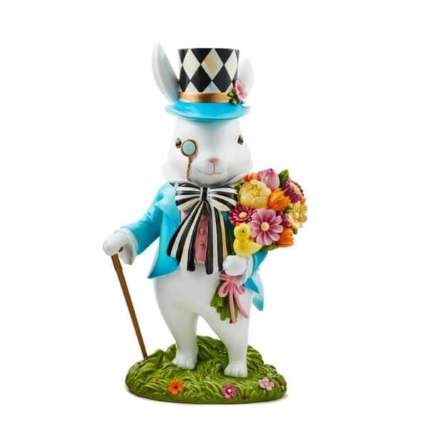 Resin calico bunny figurine with a white coat featuring black and orange patches.