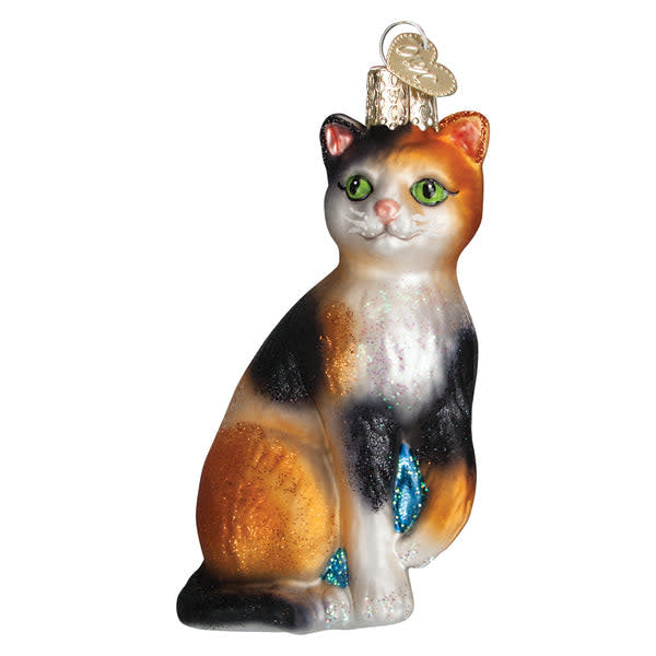 Glass Calico cat ornament with white, orange, and black fur pattern in a seated silhouette.