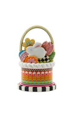 Handmade resin cookie basket in calico print with a scalloped silhouette.
