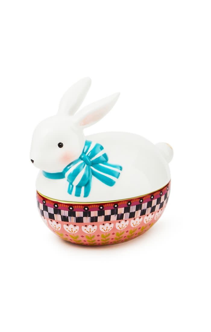Calico oval lidded bunny dish in dolomite ceramic with a speckled pattern and rounded silhouette.