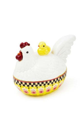 Calico oval lidded chicken dish in dolomite ceramic with a speckled pattern and rounded silhouette.