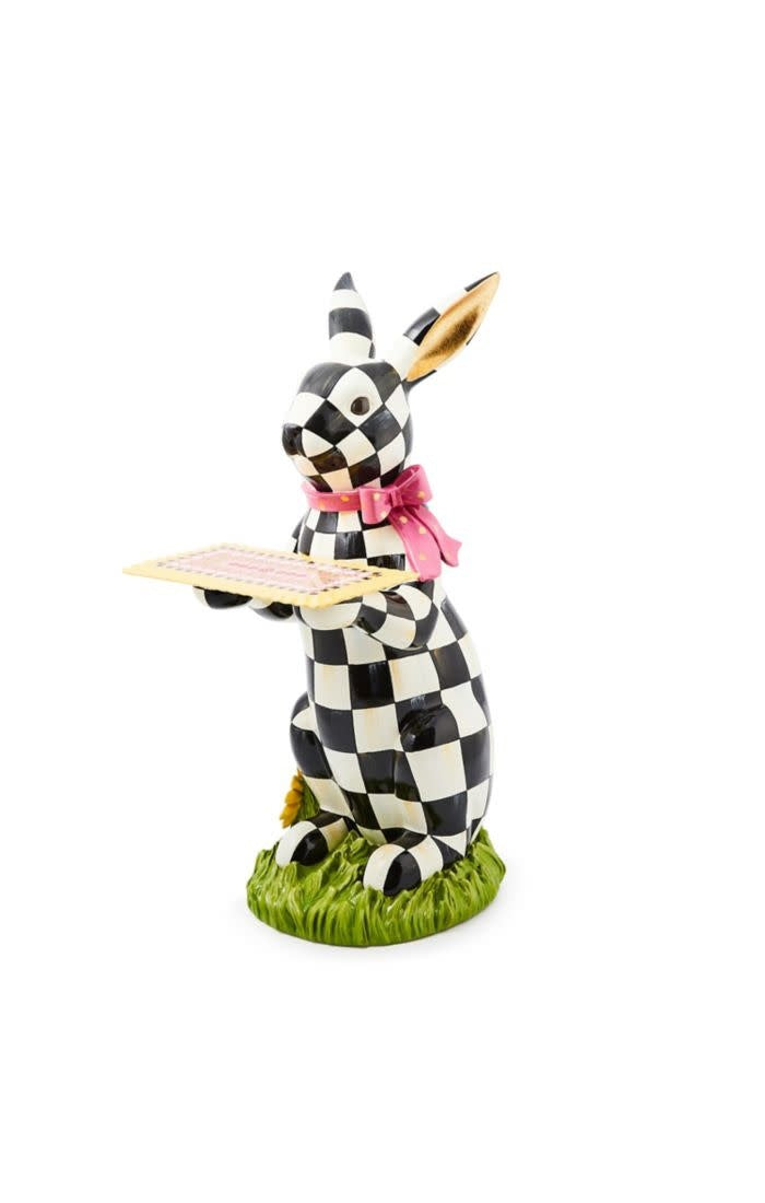 Handmade Calico Rabbit Butler figurine with ceramic tray in resin.